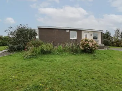 a small house in a yard with a grass field at Swallow Cottage in Dumfries