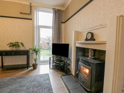 a living room with a fireplace and a tv at Hildawn in Dumfries
