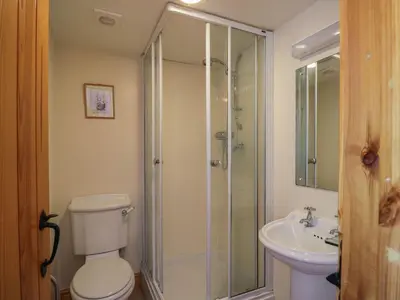 a bathroom with a shower and a toilet and a sink at Wren's Nest in Keswick