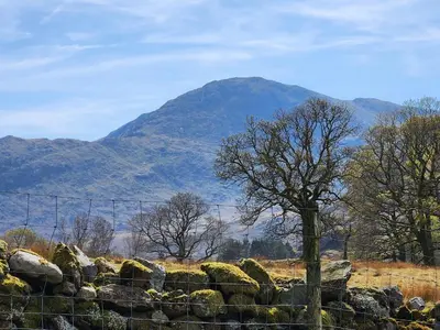 a mountain in the distance with a fence and rocks at Blea Tarn Farmhouse B&B in Ambleside