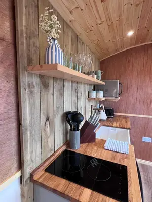 a kitchen with a stove and a counter top at Mountain View Shepherds Hut in Penrith