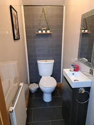 a bathroom with a toilet and a sink at 2 Hares Den in Annan