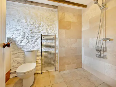 a bathroom with a toilet and a stone wall at 3 Bed in Keswick oc-93590 in Threlkeld