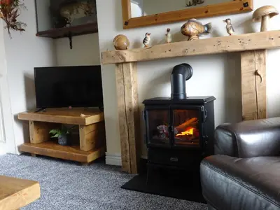 a living room with a fireplace and a television at Riverbank Cottage River Ehan Double Balcony in Egremont