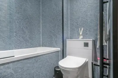 a bathroom with a white toilet and a bath tub at The Cozy Atmosphere Lodge in Moffat