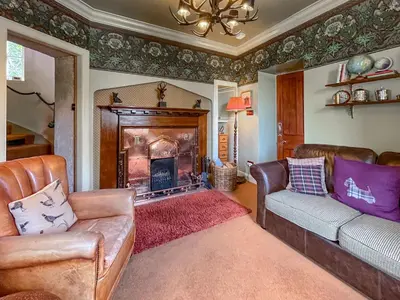 a living room with a couch and a fireplace at Upper Double Lodge in Kirkcudbright