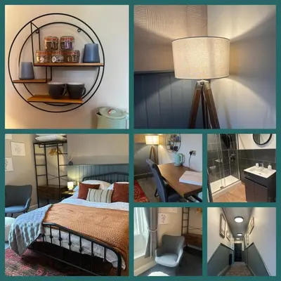a collage of pictures of a room with a bed and a lamp at The Briery in Workington