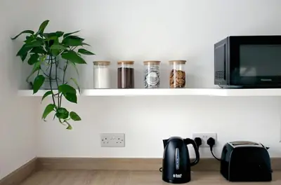 a shelf with jars and a tv and a plant at Newly built luxury cabin in Moffat