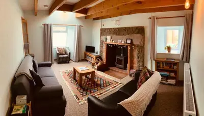 a living room with a couch and a fireplace at Corlae Cottage, mountain and forest views in Carsphairn