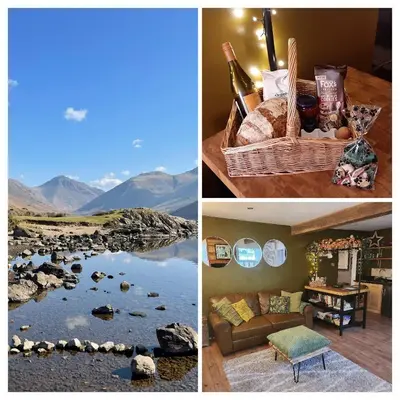 a collage of photos with a basket of food and a lake at Tranquil Lake District Village Apartment in St Bees