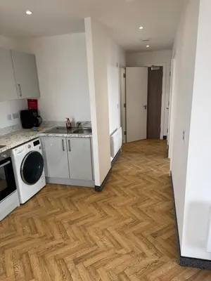 a kitchen with a washer and dryer on a wooden floor at Stylish Flat in City Center in Moffat