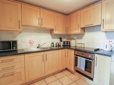 a kitchen with wooden cabinets and a sink at King's Apartment in Castle Douglas