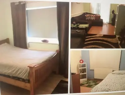 three pictures of a bedroom with a bed and a living room at Home Sweet Home in Moffat