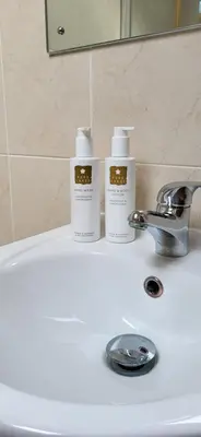 two bottles ofodorizers sitting on top of a bathroom sink at Ash Lodge at The Barn in Gosforth