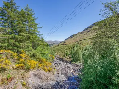 a river in the middle of a hill with trees at Tower Cottage in Glenridding