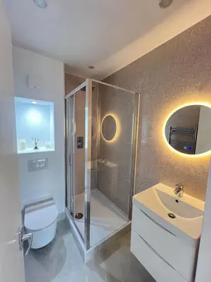 a bathroom with a shower and a toilet and a sink at Flat in London Bridge in Moffat