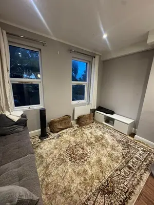 a living room with a large rug and two windows at Amazing Flat in London in Moffat