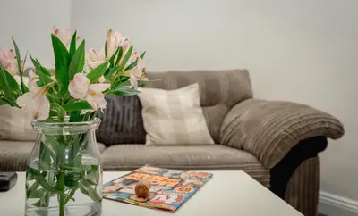 a vase of flowers on a table with a couch at Bega House Apartment in Whitehaven