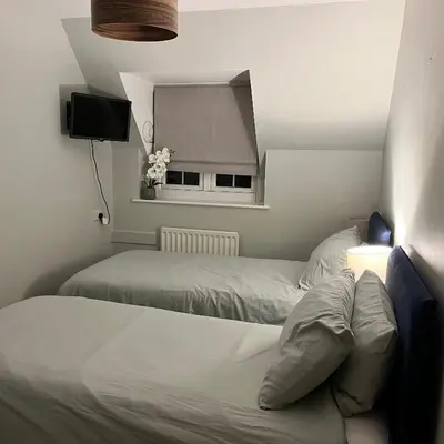 a bedroom with two beds and a tv in it at Wheatsheaf Flat