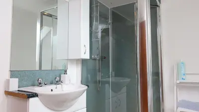 a bathroom with a sink and a shower at Wee Newton in Twynholm