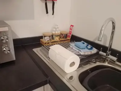 a kitchen counter with a sink and a roll of paper towels at Coach House Apartment - Sleeps 2 in Whitehaven