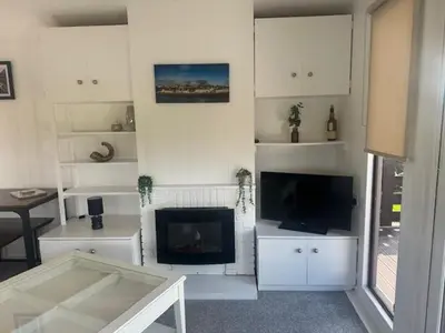 a living room with a fireplace and a tv at Bowmore 7 - Stunning Sea Views, Farm Stay in Stranraer