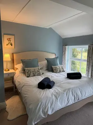 a bedroom with a bed with two pillows and a window at 1 Laithes Cottages in Skelton