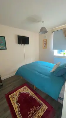 a bedroom with a blue bed and a rug at QueensBerry accommodation in Annan