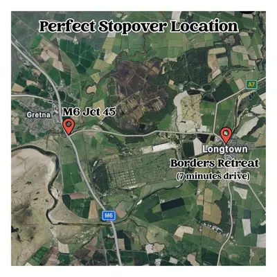 a map of a location with red arrows at Borders Retreat, Cosy 1 Bed Flat - 3miles from M6 Jct45 - near A75, Gretna & Carlisle in Longtown