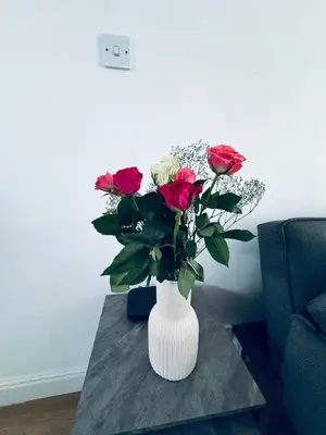 a white vase filled with red roses on a table at Holly Terrace - 2 Bedrooms - Sleeps 3 in Whitehaven
