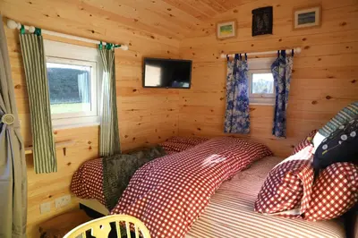 a bedroom with two beds in a log cabin at Burnside of Ae Glamping Shepherd's Hut in Dumfries