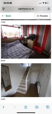 two pictures of a bedroom with a bed and a staircase at Bluebell House in Moffat