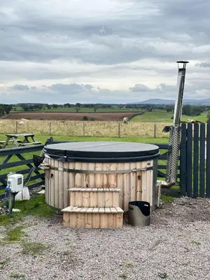a wooden enclosure with a giraffe in a field at Unit 0 - Fully Serviced All Weather Pitch with Hot Tub in Carlisle