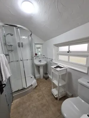 a white bathroom with a shower and a sink at Lane Head Farm Country Guest House in Troutbeck