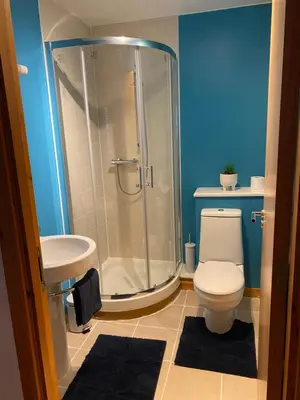 a bathroom with a shower and a toilet and a sink at Number one faraline in Moffat