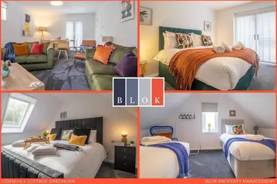 a collage of four pictures of a bedroom at Corsehill Cottage - 3 Bedroom, 2 bathroom House in Dreghorn