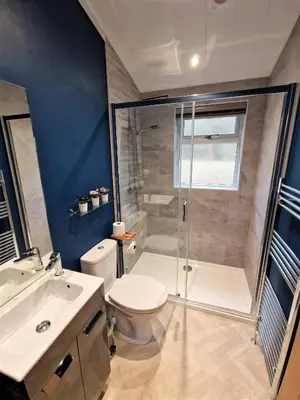 a bathroom with a shower and a toilet and a sink at High Spy Luxury Lodge in Keswick
