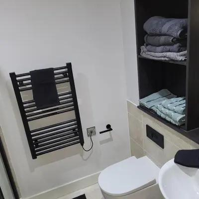 a bathroom with a toilet and a mirror and towels at Riverside Apartment in Moffat