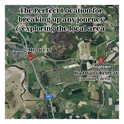 a map of the retreat location for breaking up any journey and exploring the local area at Hadrians Retreat, Cosy 1 Bed Flat - near M6 Jct45, A75, Gretna & Carlisle in Longtown