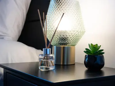 a table with a lamp and a potted plant on it at Edison House - Comfy Stay in Stafford in Moffat