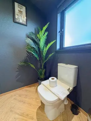 a bathroom with a toilet and a potted plant at Blackthorn Timber Lodge in Bothel