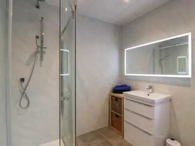 a bathroom with a shower and a sink at Marchdyke Farm Cottage in Lockerbie