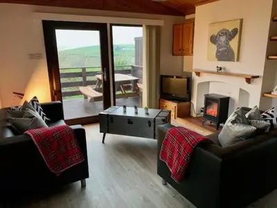 a living room with two couches and a fireplace at Lodge Cabin with Fabulous Views 2 - Farm Stay in Portpatrick