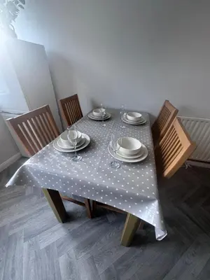 a table with a polka dot table cloth on it at Oakleigh Way, Carlisle - 2 Bedroom, sleeps 4, Fully furnished in Carlisle