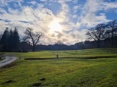 a field of green grass with the sun in the sky at 10 lochview in Moffat