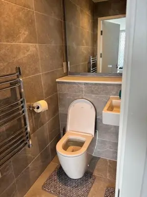 a bathroom with a toilet and a sink and a mirror at Skyline view 2 bedroom apartment in Moffat