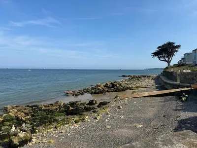 a beach with a tree and the ocean at Regents House, ground floor apartment with sea views in Moffat