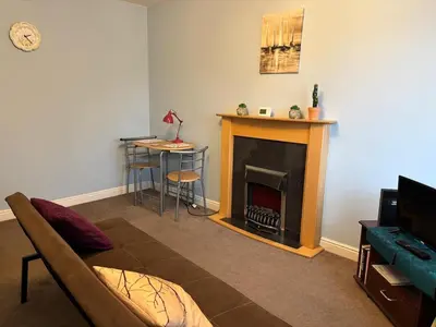 a living room with a fireplace and a couch at 1-Bed Suburban Carlisle Terraced Home with Parking in Carlisle