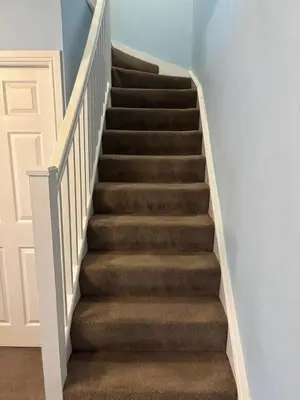 a staircase with brown carpet and a white stair case at 1-Bed Suburban Carlisle Terraced Home with Parking in Carlisle
