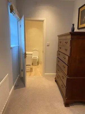 a bathroom with a toilet and a dresser in a room at Bee Cottage in Moffat